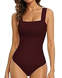MANGOPOP Tank Top Bodysuit for Women Square Neck Sleeveless Body Suit(Medium,Burgundy)
