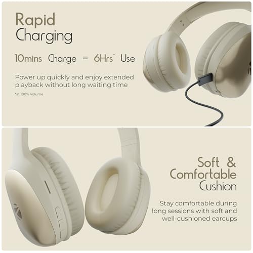 Image of Zebronics Thunder Pro (2026 Upgrade) Wireless Headphones, BT v6.0, Up to 60h Playback, Dual Pairing, 40mm Drivers, ENC, Gaming Mode, Deep Bass, AUX & microSD, Rapid Charging (Beige)