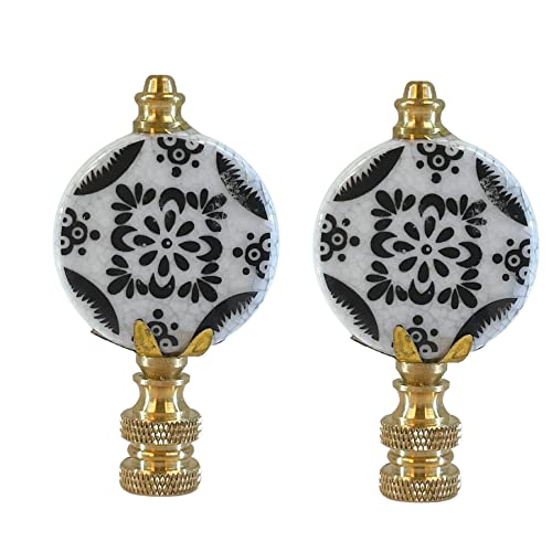 Image of Royal Designs, Inc. Crackled Round Disk White with Black Accent Finial for Lamp Shade, F-5303-PB-2, Polished Brass - Pack of 2