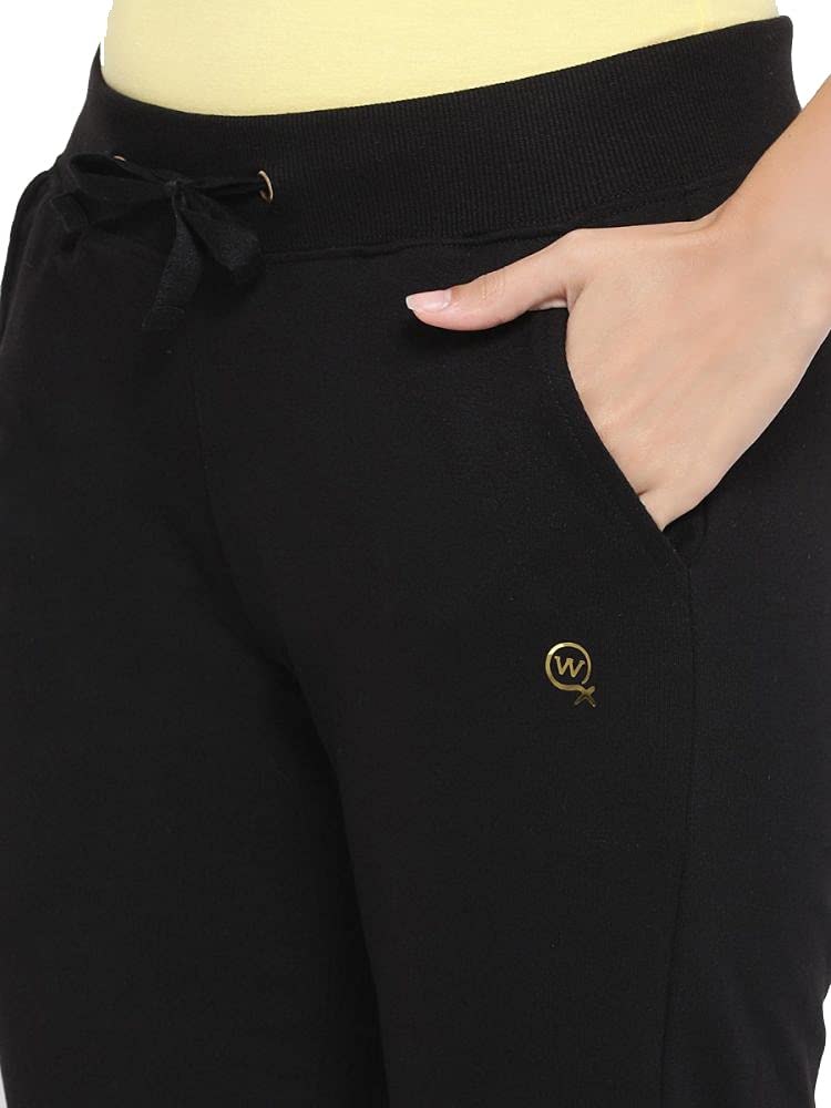 Macrowoman Active Plain Pants for Women in Cotton Rich Fabric, Low Waist Women's Trousers with Front Pockets for Gym, Yoga & Leisure, Black, XL, Pack of 1 4