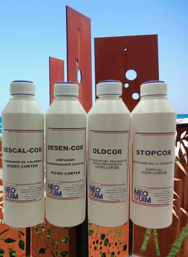 Productos base acuosa que limpian, preparan, oxidan y protegen la superficie de Acero Corten. KIT Acero Corten 1L Cover