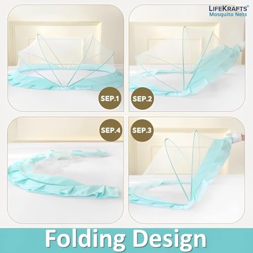 Image of DecorTwist Baby Mosquito Net for Bed - Foldable Pop-Up Dome Net for Newborns & Infants (0-24 Months) | Breathable Mesh, Insect & Fly Protection | 135x65x65 cm | Travel & Outdoor Safe (Mint)