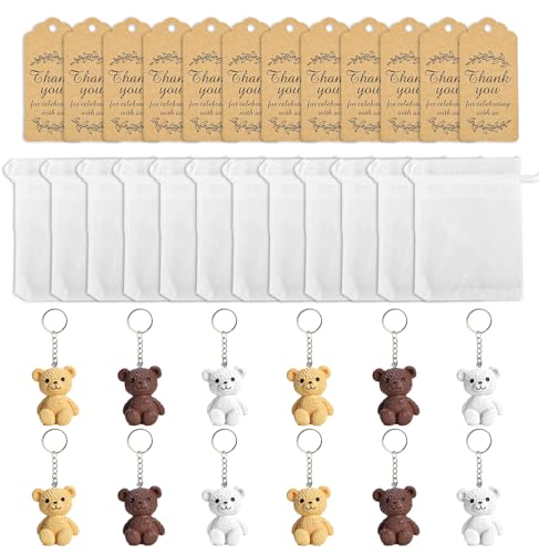 BANBALLON 12 Set Bear Party Favor Bear Keychains with Organza Bags Thank You Tags For Baby Shower Bear Theme Party Return Favors Supplies