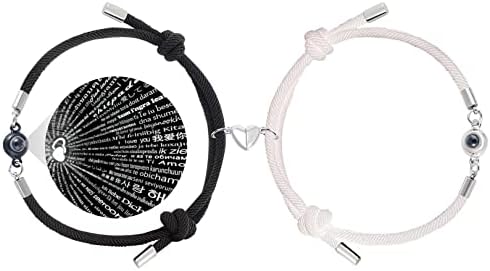 Matching Bracelets for Couples, Couple Bracelets Magnetic Relationship Bracelet Couple Gifts for Boyfriend Girlfriend Him Her, 2 PCS Love Bracelets Projection Bracelet with 100 Kinds of Languages
