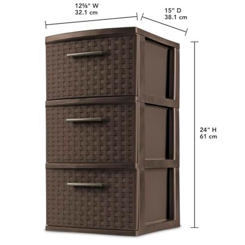 Image of Sterilite 3 Drawer Storage Tower, Plastic Decorative Weave Organizer Drawers for Dorm, Closet, Bedroom, or Craft Room Organization, 4 Pack, Espresso