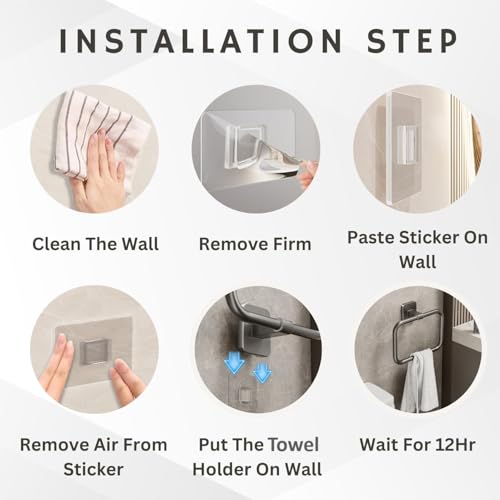 Image of Tenom Towel Hanger for Wash Basin, Self Adhesive Towel Holder for Kitchen & Bathroom, ABS Plastic Light Weight Rustproof Napkin Holder, Wall Mounted No Drill Towel Rod (Grey, Rectangle)