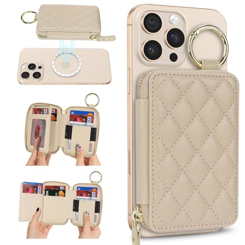Image of Compatible with MagSafe Wallet,Magnetic Phone Wallet Card Holder for iPhone 17 /16 Pro Max /15 Pro /14 Plus /13 /12 Series,PU Leather Zipper Pocket Adjustable Stand-Beige