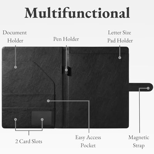 mymazn padfolio portfolio folder faux leather interview resume folder with document organizer amp business card holder letter-sized notepad legal pad holder for men women black