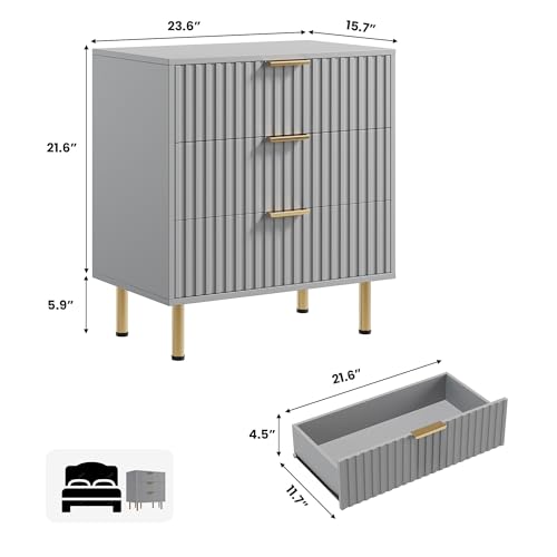 3 Drawer Dresser for Bedroom, Fluted Modern Nightstand with Deep Drawers, Chest of Drawers with Wide Top, Wooden Dresser Organizer, Side Table for Living Room, Hallway, Kids Room, Grey