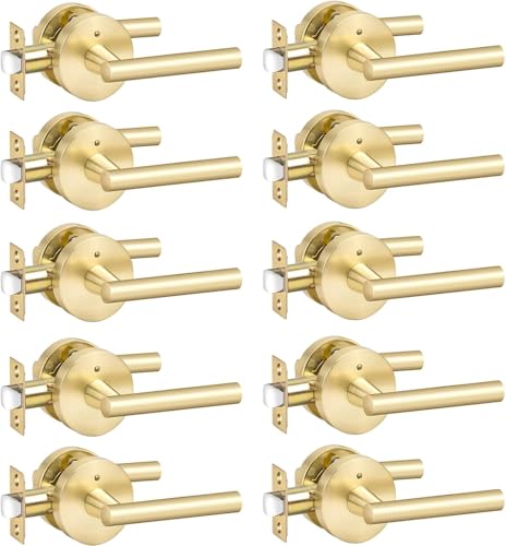 Image of Goldenwarm 10 Pack Gold Door Handles Interior, Brushed Gold Privacy Door Levers for Bedroom Bathroom, Heavy Duty Reversible Keyless Door Lever Left Right Handing