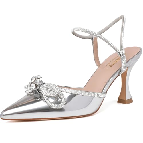 Image of Susanny Women's Closed Toe Rhinstone Wedding Low Heel Slingback Clear Kitten Heels,Adjustable Strap Pointed Toe Bow Pumps High Heeled Prom Dress Shoes