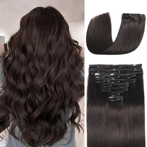 Image of Clip in Hair Extensions Real Human Hair 24 inch 120g /4.2oz Straight Seamless Invisible Human hair Extensions Clip ins for Women Double Weft 8pcs #2-Dark Brown
