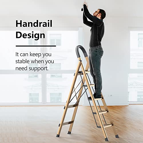 Image of SOLADDER 5 Step Ladder, Folding Step Stool for 10 Foot High Ceiling with Handgrip and Anti-Slip Wide Pedal, Portable Lightweight Aluminum Stepladder for Home, Office (300 lbs Capacity) - Brown Gold
