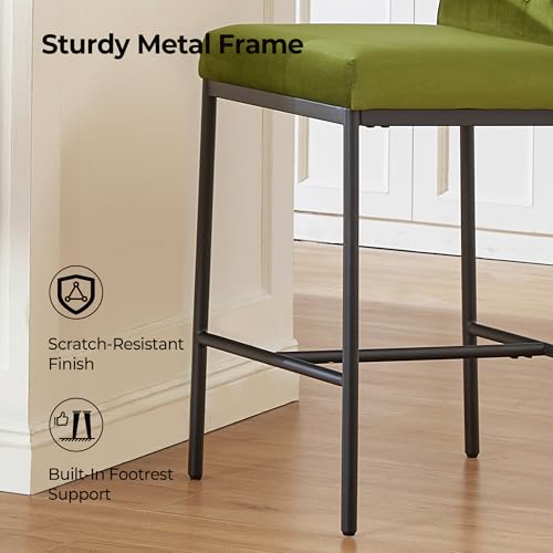 Image of CHITA Modern Bar Stools with Tufted Back Set of 2, 26 inch Counter Height Bar Stool with Metal Legs for Kitchen Island & Dining Room, Olive Green, Black Frame