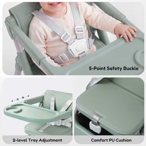 Image of Baby High Chair Booster Seat: Portable Booster Seat for Kitchen s Dining Chair Foldable Highchair - Travel Size Tool-Free Setup Adjustable Tray (Green)
