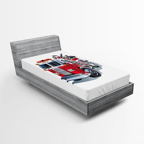 Ambesonne Truck 2 Pack Fitted Sheet, Brigade Vehicle Illustration, Bed Cover All-Round Elastic Deep Pockets 2 Pieces, Package Contains 2 Twin Size Fitted Sheets, Grey Red