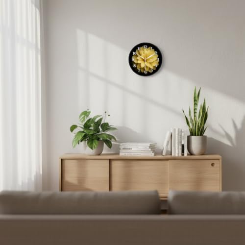 Image of Stunning Yellow Flower Wall Clock for Living Room Decor | Round Analog Silent Non-Ticking Clock with Black Frame | Floral Nature Watch for Bedroom, Kitchen & Office | High Contrast Modern Design