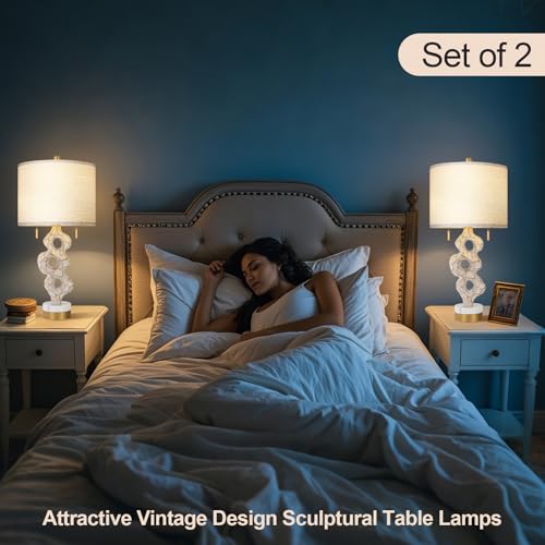Scenekoy Sculptural Table Lamp Set of 2 for Bedroom, 26” Farmhouse Bedside Lamps for Living Room, Rustic Linen Shade Night Stand Lamp Marble Base with USB Ports for Home Decor (E26 Bulbs Included) - Image 2