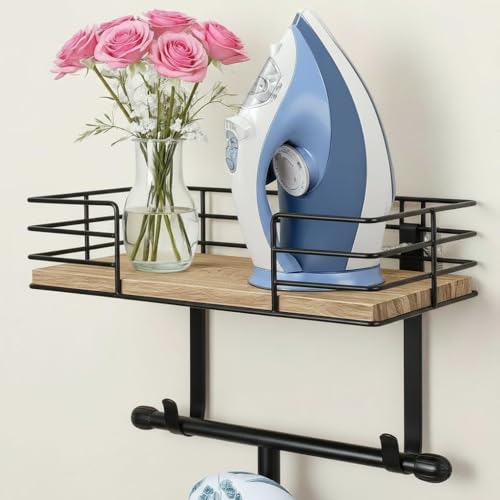 THYGIFTREE Ironing Board Holder Wall Mount with Shelf, Ironing Board Hanger with Basket, Metal Iron Holder Wall Mounted, Laundry Room Organizer for Iron and Board Storage