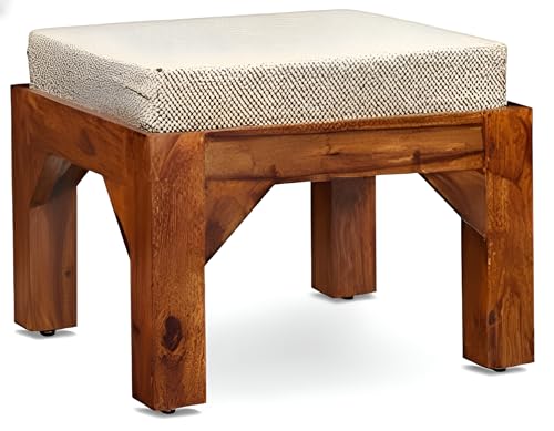Image of Loonart Solid Sheesham Wood Coffee Table with Four Cushioned Stools | Idel for Living Room | Cafe | Restaurant | Space Saving Indoor Table Set | Finish Color - Honey Teak Finish | White Cushion |