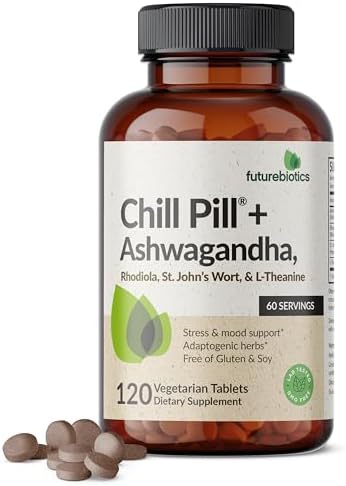 Futurebiotics Chill Pill + Ashwagandha, Rhodiola, St. John’s Wort, & L-Theanine – Non-GMO, 120 Vegetarian Tablets