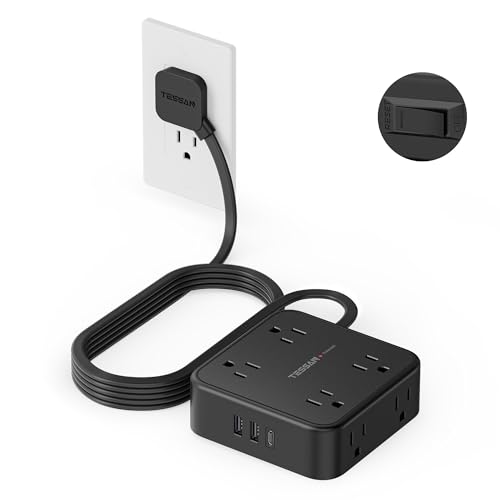 Image of TESSAN Surge Protector Power Strip, 10 Ft Flat Plug Extension Cord with 3 USB (1 USB C) 8 Outlets, 1250W, 900J Protection, 3 Sided Outlet Extender with Power Switch for Office, Dorm Room, Black