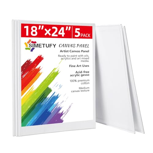 Simetufy 18 x 24 inch 5 Pack Canvas Panels Large Flat Canvas Boards for Painting - Gesso Primed Acid-Free 100% Cotton for Acrylics Oil Watercolor Tempera Paints