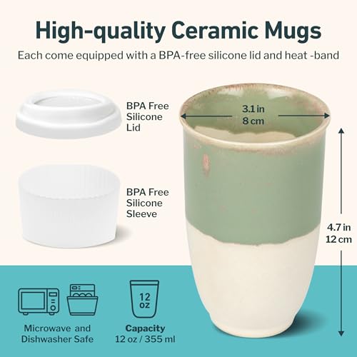 Image of NOVA CERAMICS Travel Mug - Ceramic To Go Coffee Mug With Lid - Travel Mug Ceramic To Go Cup - Microwave & Dishwasher Safe Ceramic Coffee Mug With Lid - Gifts For Women Men Him Her - 12oz - Sage Green