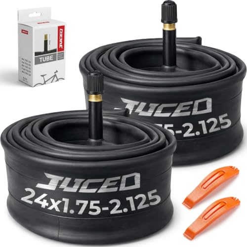 JUCEO 24 Inch Bike Tubes 24x1.75/1.95/2.10/2.125 Butyl Bike Inner Tubes 2 Pack with 2 Tire Levers 35mm Schrader Valve Replacement Tube for BMX Mountain Cruiser & City Bikes Easy to Install