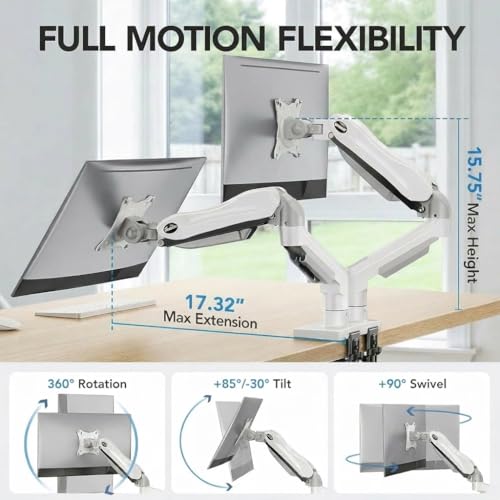 Image of HUANUO Dual Monitor Stand - Full Adjustable Monitor Desk Mount Swivel Vesa Bracket with C Clamp, Grommet Mounting Base for 13 to 32 Inch Computer Screens - Each Arm Holds 4.4 to 19.8lbs - White