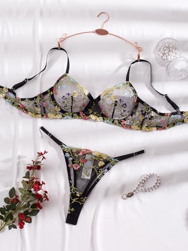 Image of Sexy Floral Embroidered Flower Mesh Underwire Push Up Lingerie Set