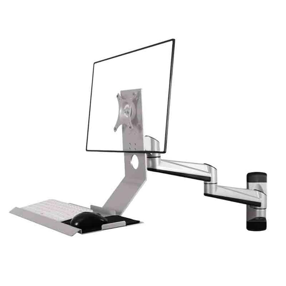 Aioneer Monitor Arm Wall Mount Non Foldable With Engineered Tray Dual Arm Single Monitor Stand Silver Color Monitor Mount Arm