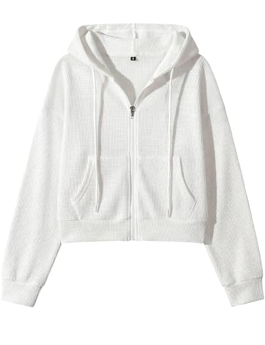 Yimoon Zip Up Hoodie Women Cropped Waffle Knit Vintage Sweatshirt Casual Jackets Long Sleeve Hooded with Pockets(White-Medium)