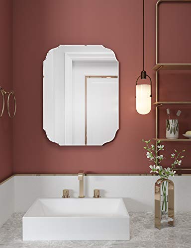 KOHROS Espejo de pared redondo sin marco, borde biselado, cristal plateado, espejo de pared para baño (45 x 60 cm)