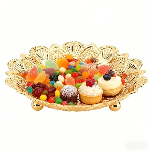 Tissting Round Gold Metal Serving Tray, Coffee Table Trays Decorative, Vintage Fruit Bowl, Vintage Metal Dessert Plates, Turkish Embossed Decorative Tray for Coffee Bar Snack Dessert (5.5")
