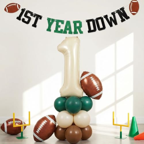 First Birthday Football Decorations with Number 1 Balloon 1st Year Down Banner First Year Down Football Balloon Tower Set(No Stand) Football Foil Balloons & Glitter Banner for Baby Boy Party