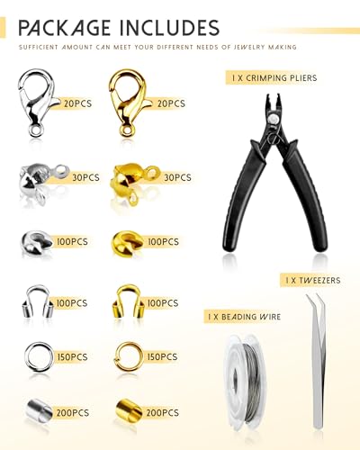 YETOOME Kit de 1200 Peças de Contas de Crimpagem para Fabricação de Joias, Incluindo Contas de Crimp