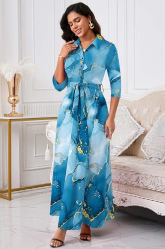 Image of Runwind Women Church Maxi Dresses 3 /4 Sleeve Button Down Print Casual Office Dress African