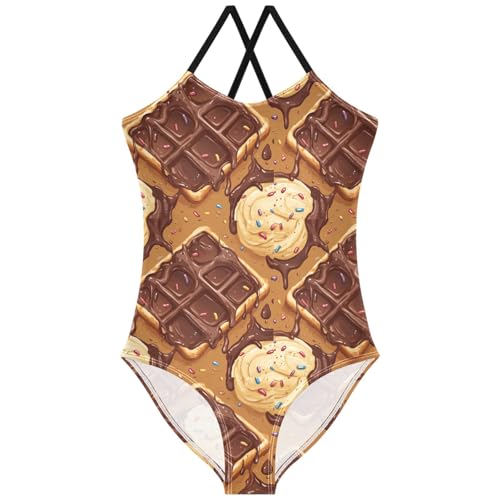 Pigsaly Girls One Piece Swimsuits Chocolate Waffle Sprkle Colorful Ice Cream Kids Cross Back Swimwear Sport Bathing Suit 3T