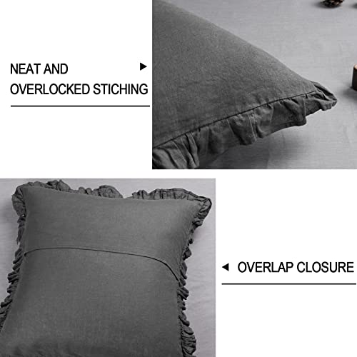 Phf 100% Linen Euro Sham With Ruffle, 26" X 26", Set Of 2, No Insert, Washed Soft French Flax Euro Throw Pillow Covers, Ultra Breathable Durable Comfy Euro Shams For Bed Couch Sofa, Charcoal Grey #TOP4