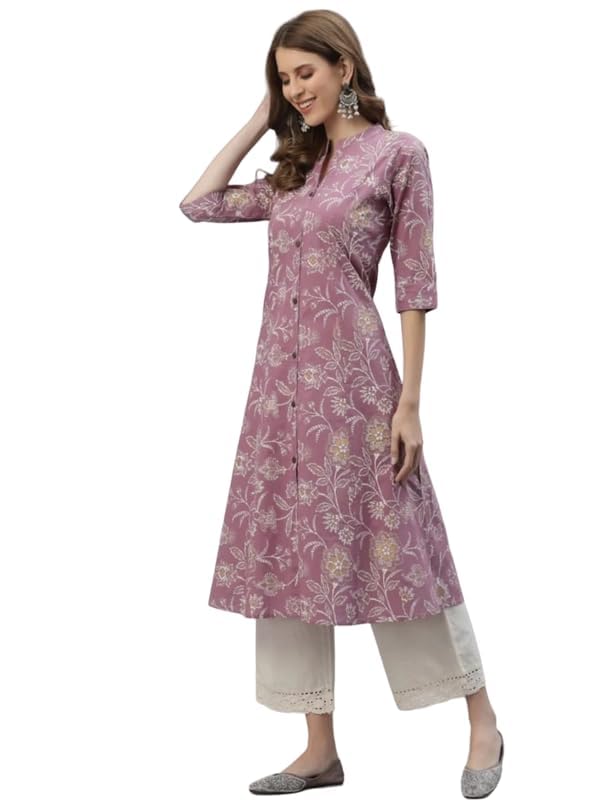 Image of Women's Mauve Floral Printed Straight Kurta with Mandarin Collar (Only Kurta)