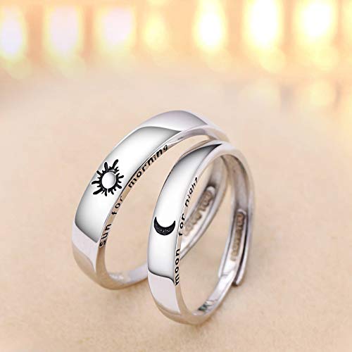 Image of Beydodo 925 Silver Rings Custom Adjustable Sun and Moon Matching Rings Engraved I Love You Couples Rings Wedding