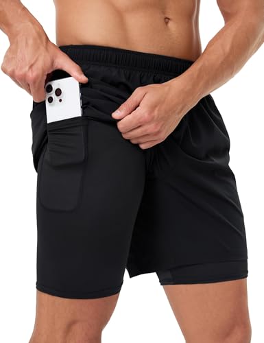 Naarts Men's 2 in 1 Athletic Running Shorts Quick Dry 5 Inch Lightweight Workout Gym Shorts with Liner and Pockets Black,Small