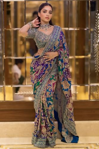 Image of MUNIR Women's Soft Chinon Silk Kalamkari Printed Saree with Mirror Work & Hand Embroidery, Multi Color Designer Saree with Blouse Piece