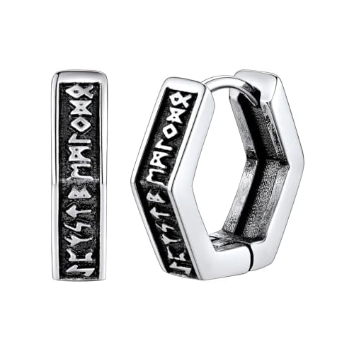 FaithHeart Norse Viking Runes Hoop Earrings for Men Hypoallergenic Stainless Steel Punk Huggie Hoop Earring Sturdy Norse Mythology Jewelry Gifts with Delicate Packaging C-Hexagon-Silver