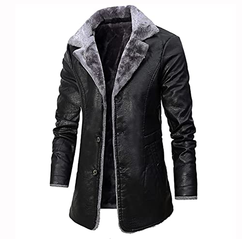 SKYWPOJU Herren Vintage Ledermantel Herren Schwarz Lange Kunstlederjacke...