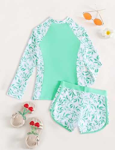 Image of Happy Cherry Girls Two Piece Rash Guard Swimsuit Floral UPF 50+ Swim Set Summer Beach Swimwear 8-12T