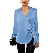GRACE KARIN Women's Satin Silk Blouses Wrap V Neck Shirts Long Sleeve Elegant Tie Waist Office Fo...