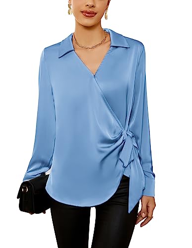 Opiniones y reviews de Blusa seda mango Top diez. 37 GRACE KARIN - Blusas de seda de satén para mujer, cuello en V, manga larga, elegante, con lazo en la cintura para oficina, trabajo, Azul, X-Large