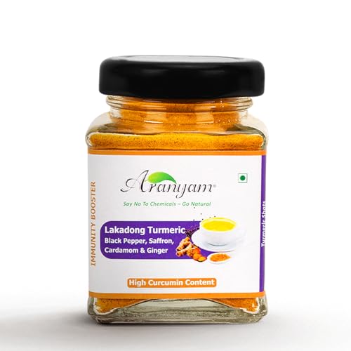 Image of Aranyam Lakadong Turmeric Drink Mix | Infused with Black Pepper, Ginger, Cardamom & Saffron - High Curcumin (7-12%) | Haldi Powder for Golden Milk, Latte, Herbal Tea & Health Drinks (40 Grams)